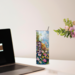 Desk setting with floral tumbler beside open laptop. Perfect tumbler to use for work from home or the  office.
